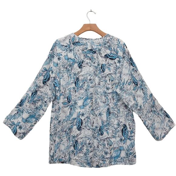 Tahari Linen Blouse Womens 1X White Blue Roll Tab Sleeve Button Up Floral Casual - Picture 2 of 12